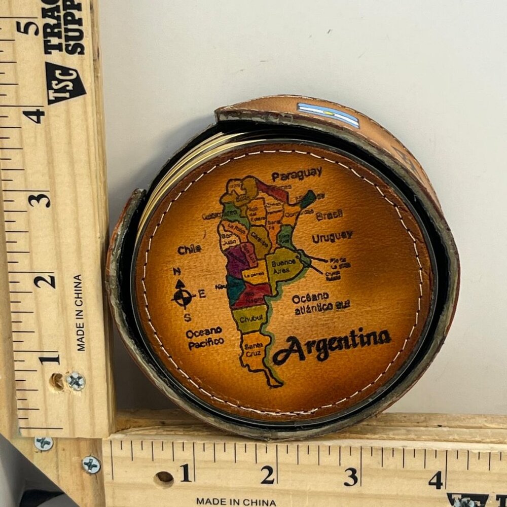 Argentina Souvenir Round Coaster Set Faux Leather Case Tango Design Brown